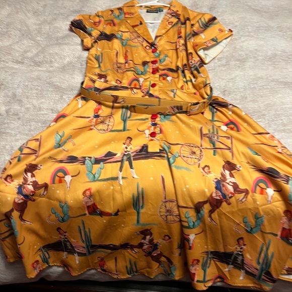 Voodoo Vixen Yellow Tropical Print Belted Dress - Picture 5 of 5